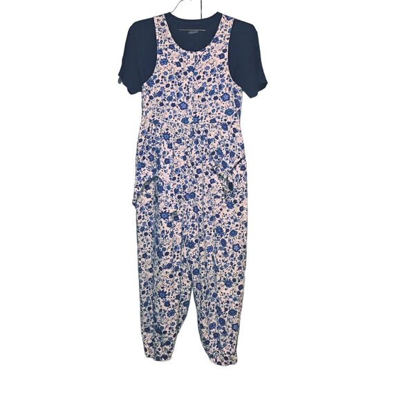 90s Ashleigh Morgan Floral Cotton Jumpsuit M Blue White Pockets Cropped Cuffed - Picture 2 of 10